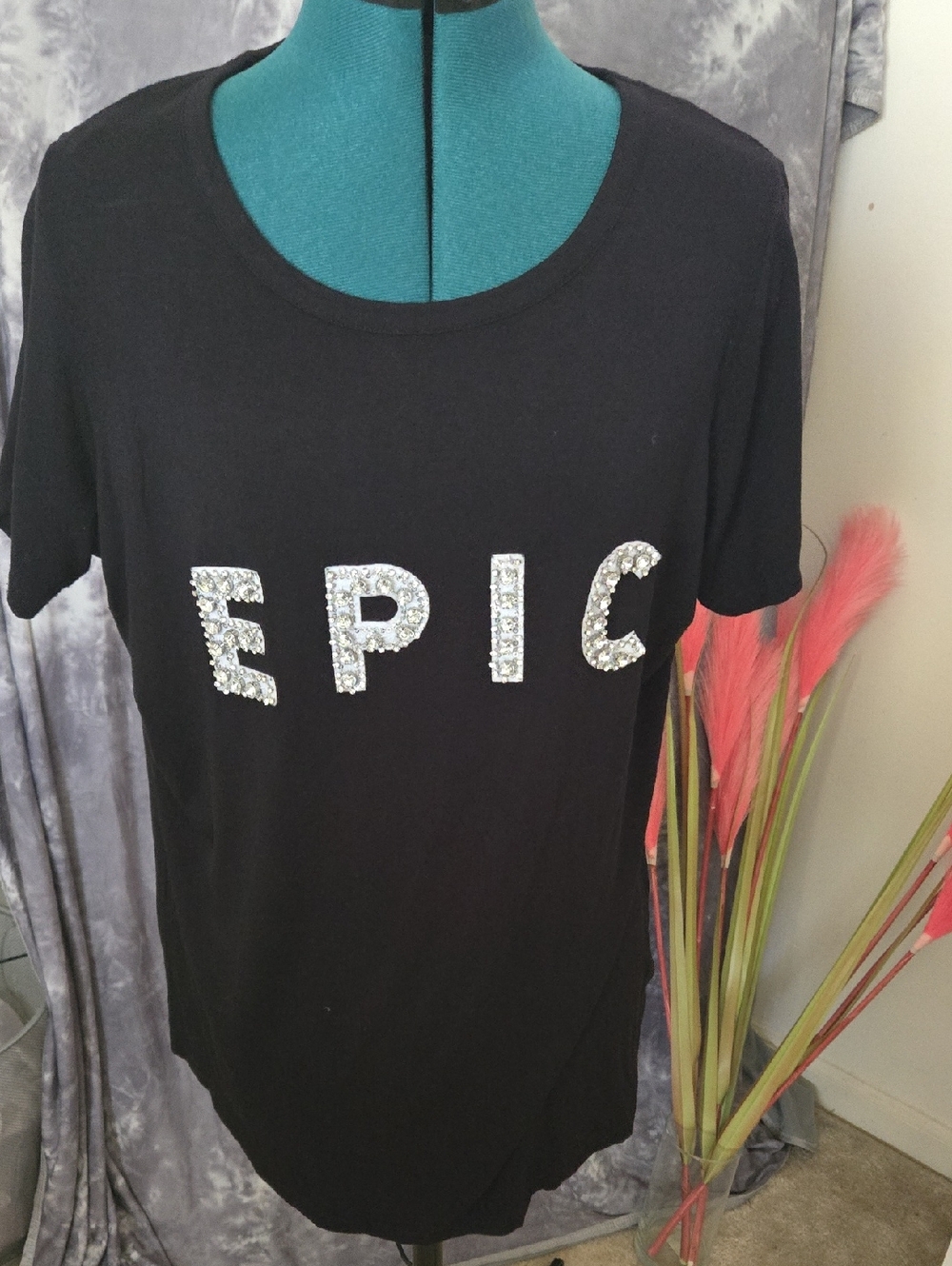 Ashley Stewart Black Tee with EPIC Rhinestone Embellishment